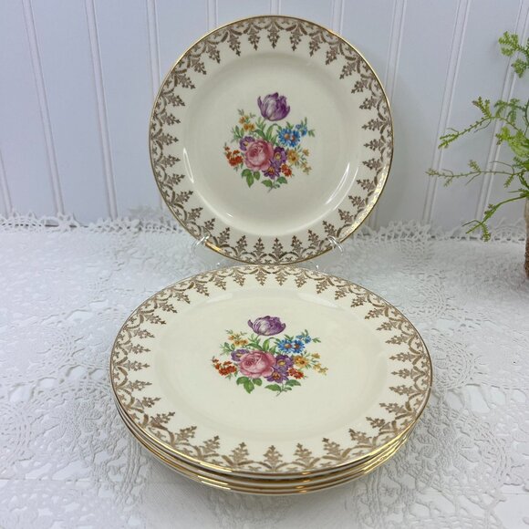 Edwin M. Knowles Semi Vitreous China 5 Salad Plates Floral Center Gold Trim 7.5" - Picture 3 of 9